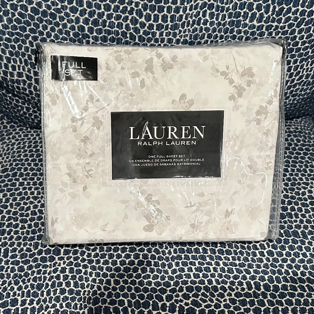 Lauren by Ralph Lauren Full Sheet Set | Gray Beige (Greige) Flowers on White